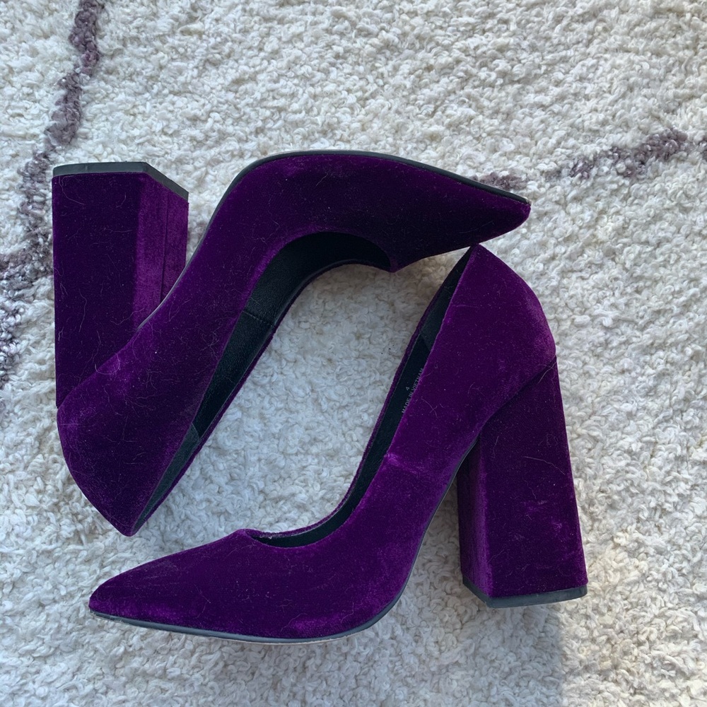 Purple ASOS chunky heel pointy toe velvet heels
